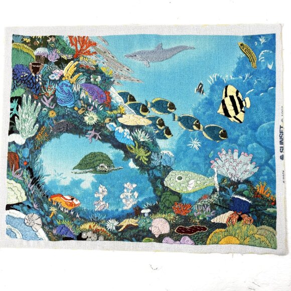 Vintage Sunset Crewel Embroidery Completed Beauty And The Reef #11074 - Picture 1 of 13